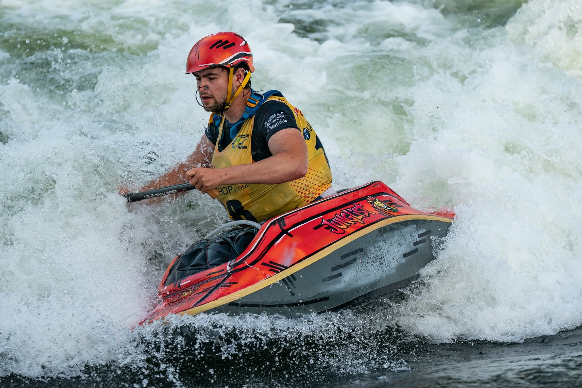 Harvey Harwood paddling the Junglist OC1 at Plattling
